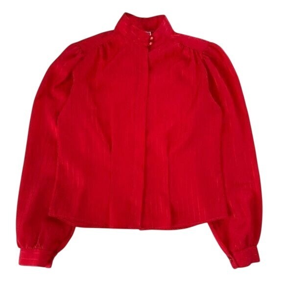 80s Cindy Collins Vintage Red Blouse Mock Neck Long Sleeve Top‎ Medium - Picture 1 of 5